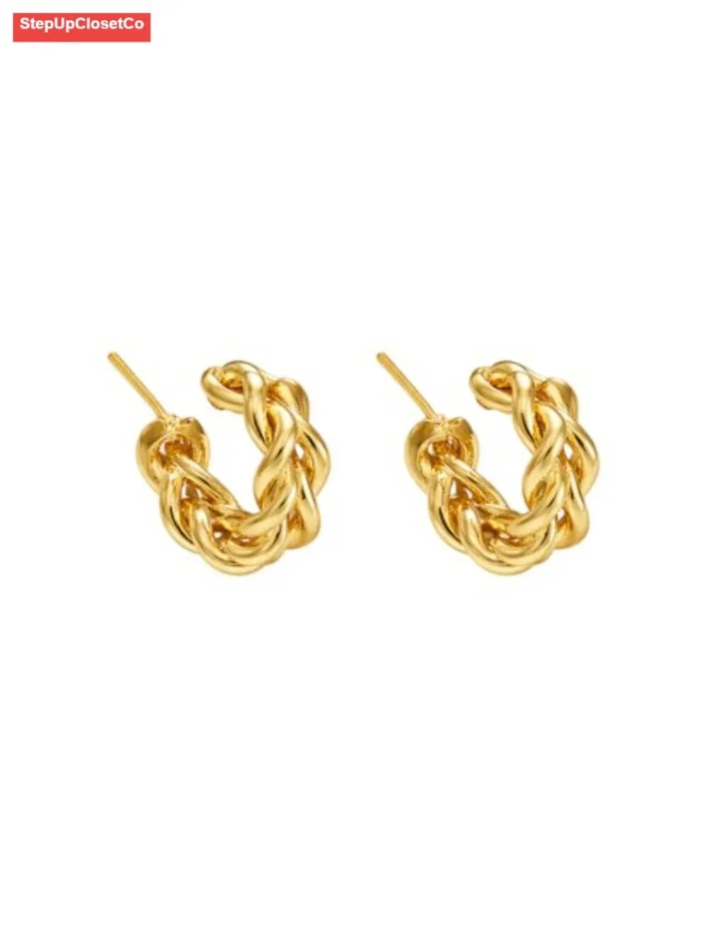 18K Gold Plated Twisted Rope Hoop Earrings, Dainty Braided C-Shape Studs,
